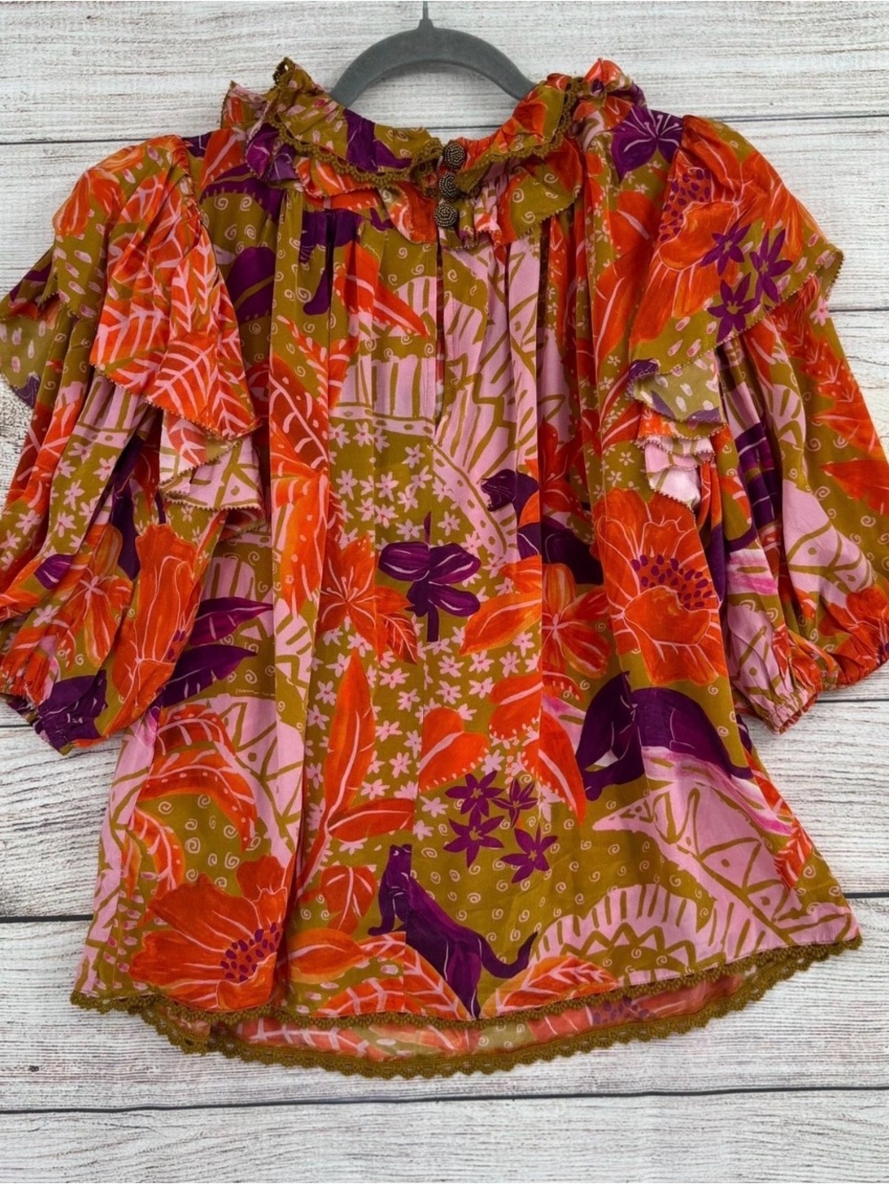 FARM Rio Multicolor Floral Ruffled Blouse - Orange, Pink, Olive, Purple